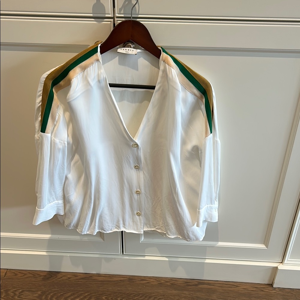 Sandro White and Green 3/4 Sleeve Crop Button Down Shirt